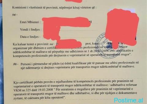 Licence Certifikate CKP per transport mallrash udhetaresh